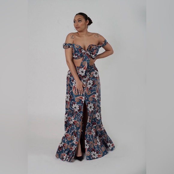 African Print Ankara Cotton Floral Print Tie Front Top and Maxi Skirt Set - Picture 13 of 13